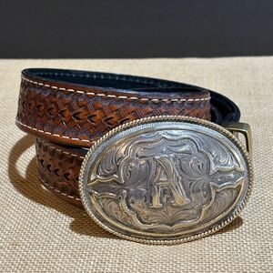 VTG Silver Plated? Western Belt Buckle on Brown Bonded leather Tooled Belt 34/36